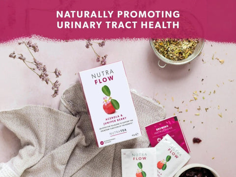 Nutra Tea Nutra Flow Acerola & Juniper Berry Herbal Tea 20 Biodegradable Bags 40g front box packaging laying down
