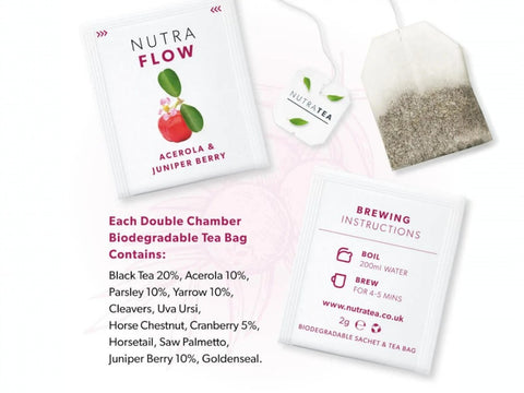 Nutra Tea Nutra Flow Acerola & Juniper Berry Herbal Tea 20 Biodegradable Bags 40g close up of tea bags and how to use instructions
