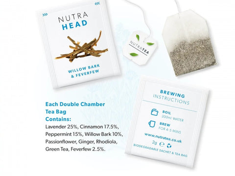 Nutra Tea Nutra Head Willow Bark & Feverfew Herbal Tea 20 Biodegradable Bags 40g brewing instructions panel