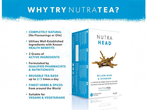 Nutra Tea Nutra Head Willow Bark & Feverfew Herbal Tea 20 Biodegradable Bags 40g side packaging detail