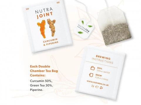 Nutra Tea Nutra Joint Curcumin & Piperine Herbal Tea 20 Biodegradable Bags 40g close up of tea bags and how to use instructions