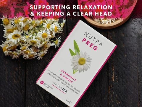 Nutra Tea Nutra Preg Chamomile & Ginger Herbal Tea 20 Biodegradable Bags 40g close up of tea bags and how to use instructions