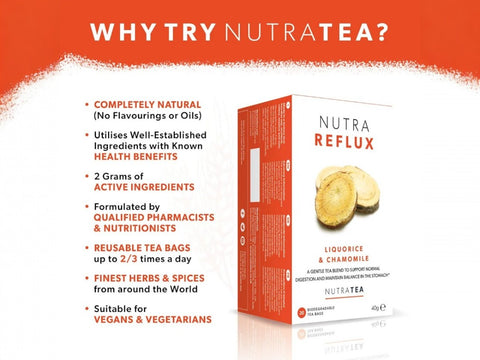 Nutra Tea Nutra Reflux Liquorice & Chamomile Herbal Tea 20 Biodegradable Bags 40g side packaging detail