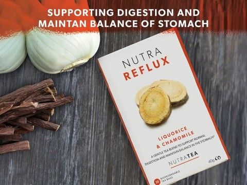 Nutra Tea Nutra Reflux Liquorice & Chamomile Herbal Tea 20 Biodegradable Bags 40g front box packaging laying down