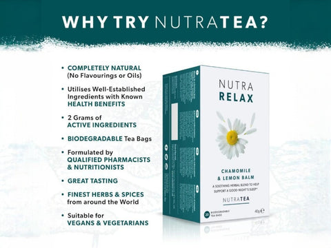Nutra Tea Nutra Relax Chamomile & Lemon Balm Herbal Tea 20 Biodegradable Bags 40g side packaging detail