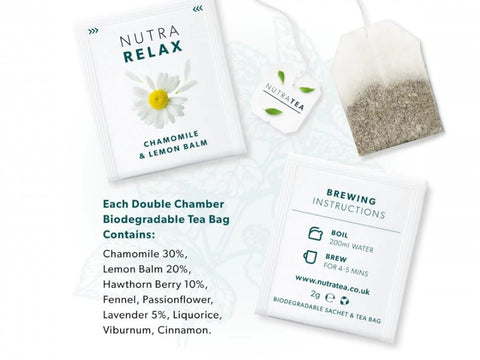 Nutra Tea Nutra Relax Chamomile & Lemon Balm Herbal Tea 20 Biodegradable Bags 40g close up of tea bags and how to use instructions