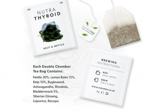Nutra Tea Nutra Thyroid Kelp & Nettle Herbal Tea 20 Biodegradable Bags 40g close up of tea bags and how to use instructions