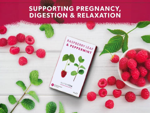 Nutra Tea Raspberry Leaf & Peppermint Herbal Tea 20 Biodegradable Bags 40g front box packaging laying down
