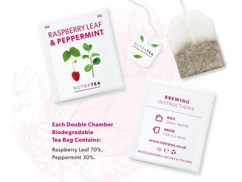 Nutra Tea Raspberry Leaf & Peppermint Herbal Tea 20 Biodegradable Bags 40g close up of tea bags and how to use instructions