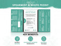 Spearmint & White Peony tea packaging with key benefits listed.