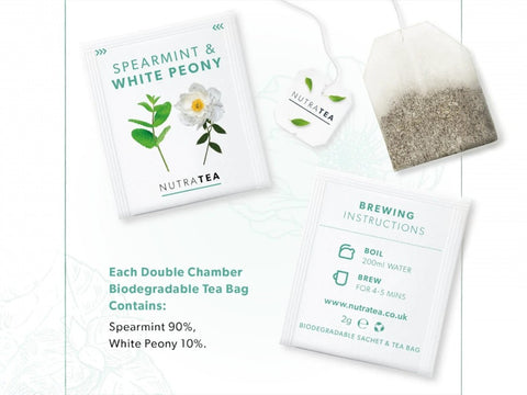 NutraTea spearmint and white peony tea bags with brewing instructions on a white background