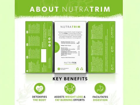 Nutra Trim Garcinia Cambogia & Guarana Herbal Tea 20 Biodegradable Bags 40g side packaging with key benefits detail