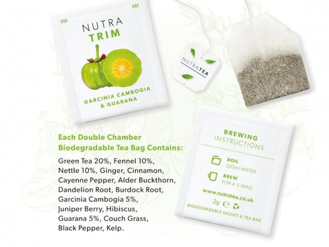 Nutra Trim Garcinia Cambogia & Guarana Herbal Tea 20 Biodegradable Bags 40g close up of tea bags and how to use instructions