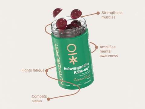 Nutriburst Ashwagandha KSM-66 Gummies bottle, tropical flavour, 60 count.