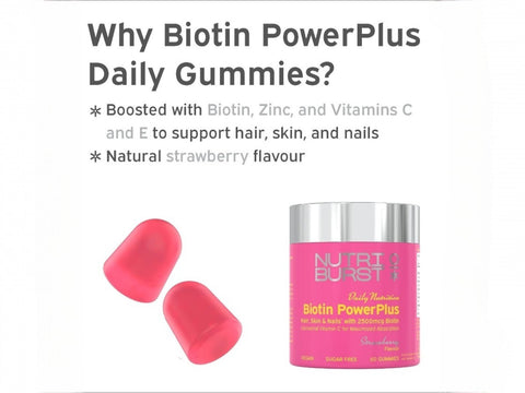 Nutriburst Biotin Power Plus 2500mcg Gummies jar, strawberry, 60 count.