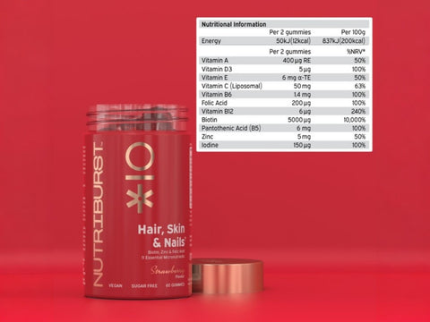 Supplement facts panel and ingredients list for Nutriburst Hair Skin Nails Gummies.