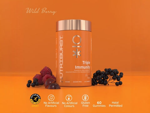 Nutriburst Immune Support Gummies bottle with Vitamin C, D3, Zinc, Elderberry.