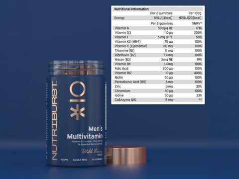 Supplement facts panel for Nutriburst Men's Multivitamin with 16 nutrients.