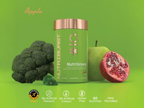 Nutriburst NutriGreens Gummies bottle, apple flavour, 60 count superfood supplement.