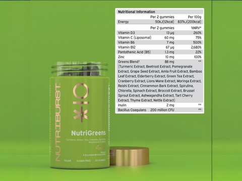 Supplement facts panel for Nutriburst NutriGreens multi-ingredient gummies.