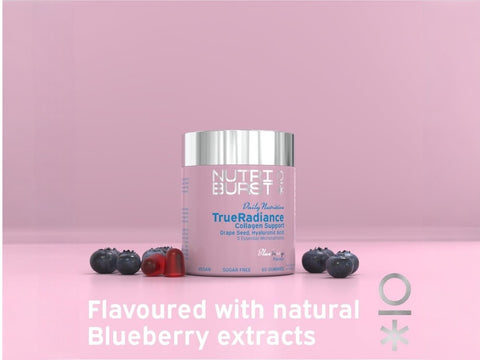 Nutriburst TrueRadiance Collagen Support Gummies jar, blueberry, 60 count.