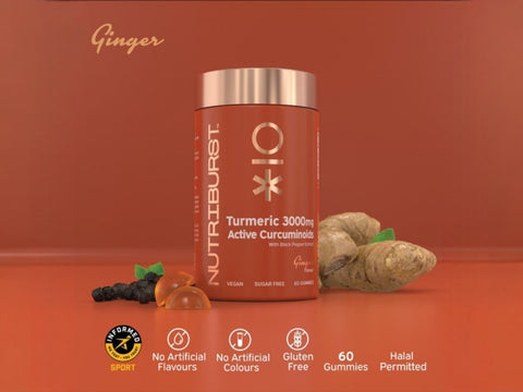 Nutriburst Turmeric and Black Pepper Gummies bottle, ginger flavour, 60 count.