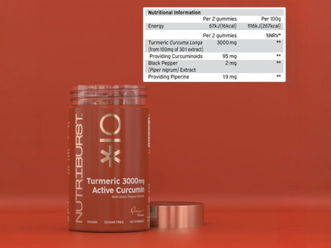 Supplement facts panel for Nutriburst Turmeric Curcumin with Black Pepper Extract gummies.