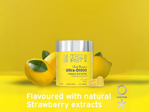Nutriburst Ultra-D1000 Vitamin D3 K2 Gummies jar, lemon, 60 count.