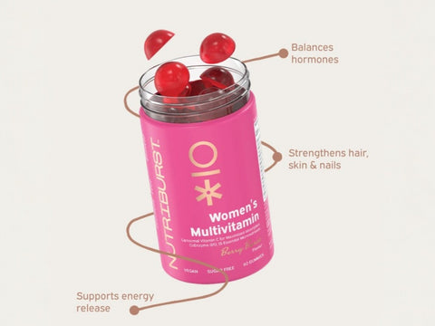 Nutriburst Women's Multivitamin Gummies bottle, berry burst flavour, 60 count.