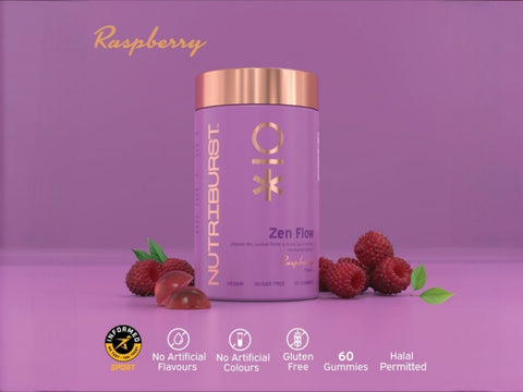 Nutriburst Zen Flo Women's Wellness Gummies bottle, raspberry flavour, 60 count.