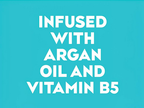 Text 'INFUSED WITH ARGAN OIL AND VITAMIN B5' on a blue background
