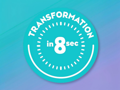 Circular badge with 'Transformation in 8 sec' text on a gradient blue and purple background
