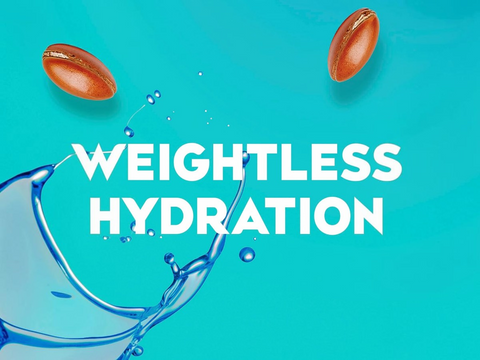 Advertisement for 'Weightless Hydration' with water droplets and a blue background.