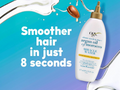 OGX hair care product with text 'Smoother hair in just 8 seconds' on a colorful background