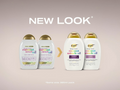 Coconut Miracle Oil shampoo and conditioner bottles with 'New Look' text on a beige background
