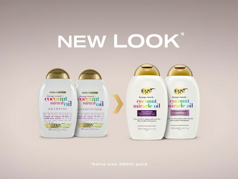 Coconut Miracle Oil shampoo and conditioner bottles with 'New Look' text on a beige background