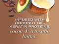 Coconut oil, cocoa beans, avocado, and a bowl of coconut butter on a brown background with text about ingredients.