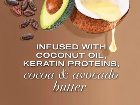 Coconut oil, cocoa beans, avocado, and a bowl of coconut butter on a brown background with text about ingredients.