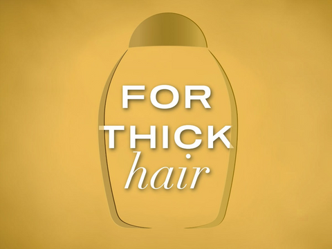 Shampoo bottle with 'For Thick Hair' text on a yellow background