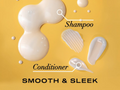 Shampoo and conditioner bottles with droplets on a yellow background