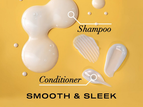 Shampoo and conditioner bottles with droplets on a yellow background