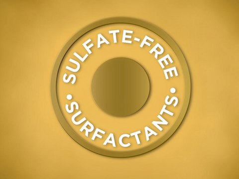 Circular logo with 'Sulfate-Free Surfactants' text on a gold background