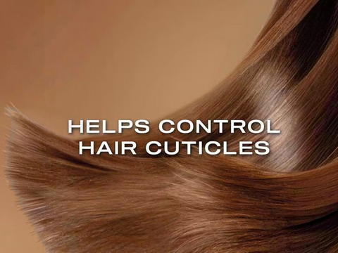 Close-up of brown hair with text 'HELPS CONTROL HAIR CUTICLES' on a brown background