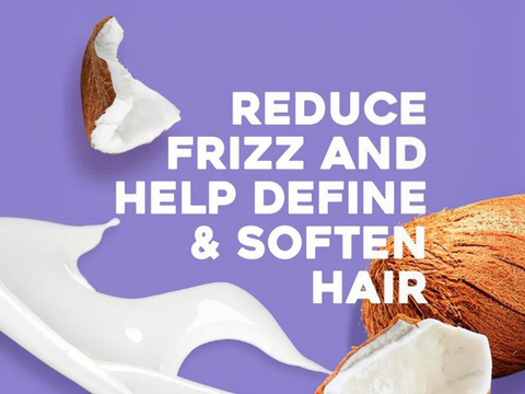 Coconut and hair product with text on a purple background