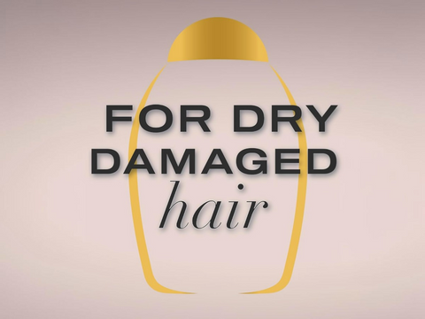Shampoo bottle with text 'For dry damaged hair' on a beige background