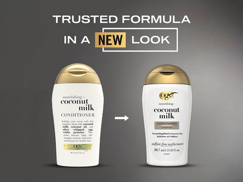 Two bottles of OGX Nourishing Coconut Milk Conditioner with a gray background and text about a new look.