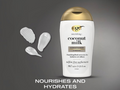 OGX coconut milk conditioner bottle with product application samples on a gray background