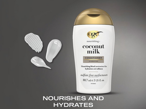 OGX coconut milk conditioner bottle with product application samples on a gray background