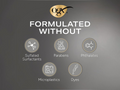 OGX product label indicating formulation without sulfated surfactants, parabens, phthalates, microplastics, and dyes on a dark background.