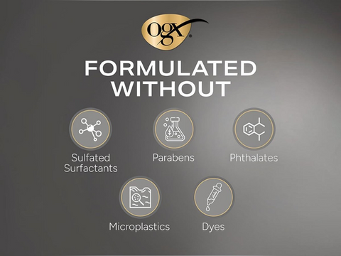 OGX product label indicating formulation without sulfated surfactants, parabens, phthalates, microplastics, and dyes on a dark background.